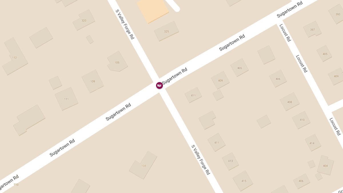 Two-Vehicle Crash with Injuries Reported at Sugartown Rd & S Valley Forge Rd