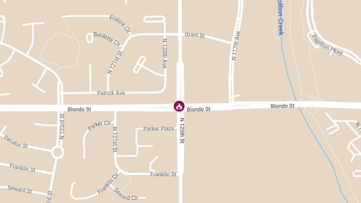 Vehicle Fire and Injury Crash at 120th and Blondo
