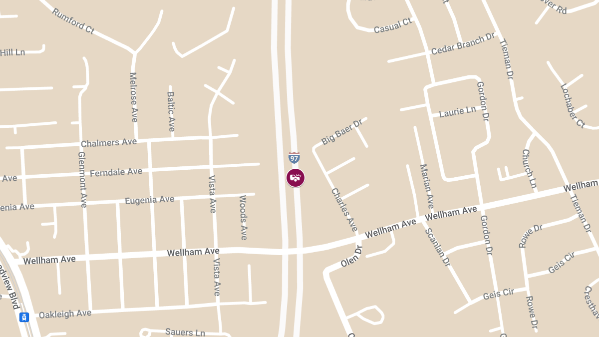 Two-Vehicle Crash with Entrapment on NB I-97 near Wellham Ave