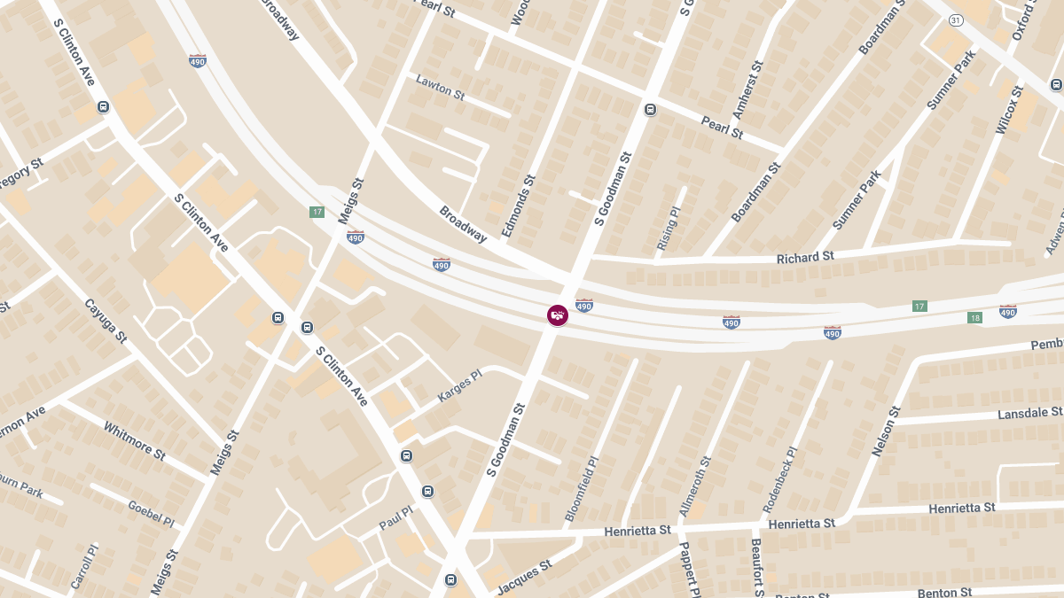 Vehicle Collision with Injuries on I-490 EB at Goodman St S Ramp